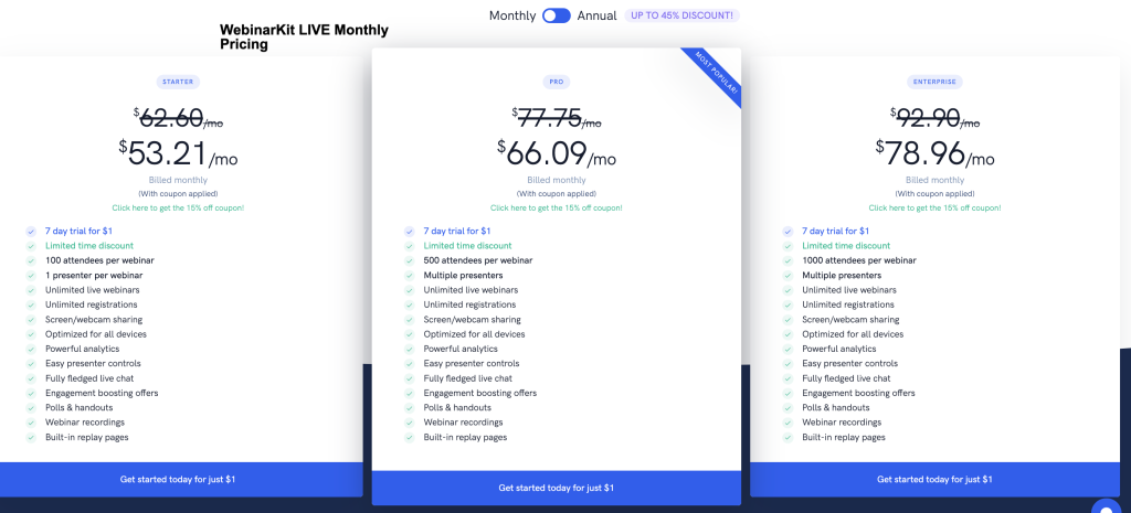 WebinarKit LIVE pricing