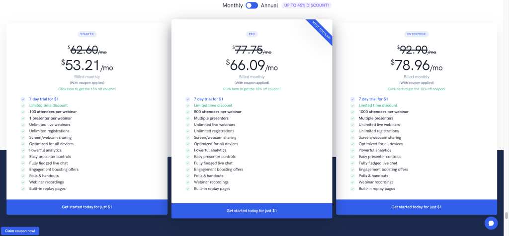 WebinarKit LIVE pricing plans